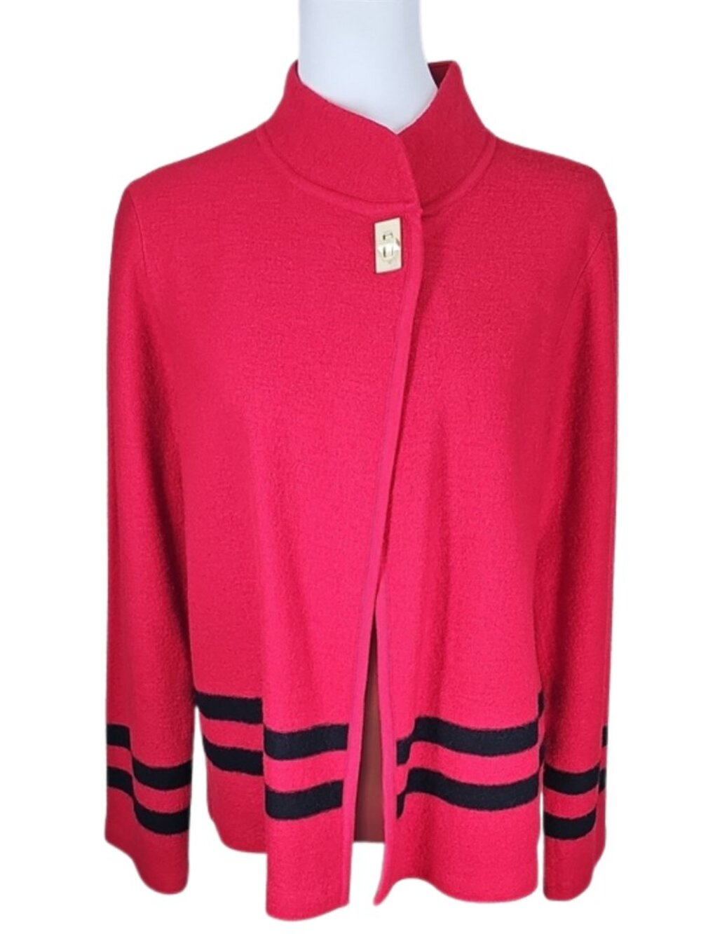 Calvin Klein Red Wool Blend Sweater Jacket Cape Trim Sz M Dark Academia Nautical